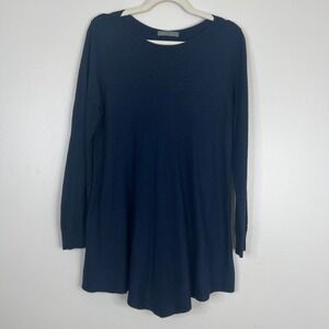 LOLA Navy Blue Ribbed Knit Long Sleeve Longline Tunic w/ Slight Boatneck Sweater